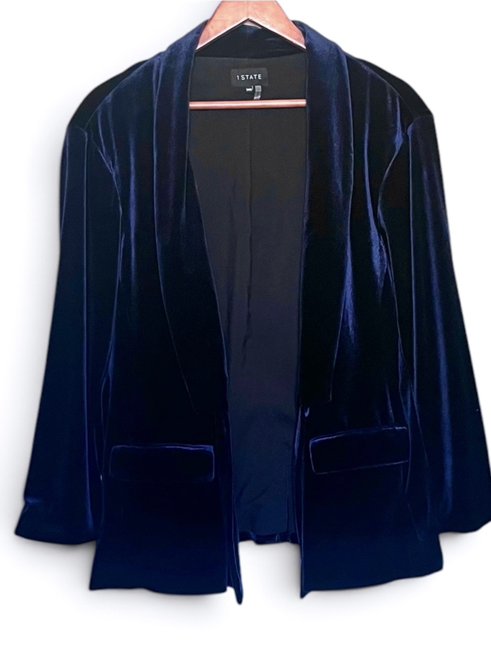 1. State Women's Dark Navy Velvet Open Blazer